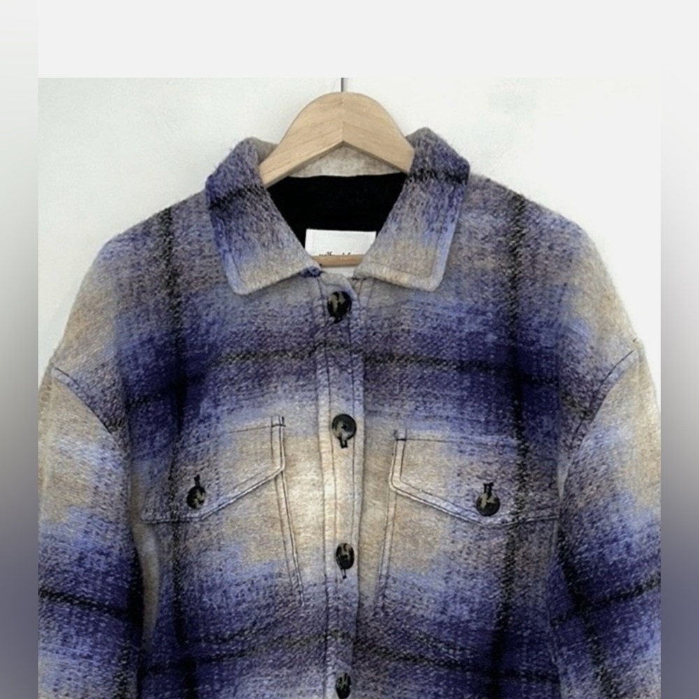 SOLD Aritzia Wilfred Free Autumn Shirt Jacket Crop Purple and Cream Plaid Sz M - Picture 2 of 9